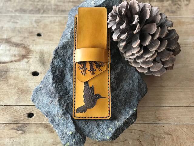 Hummingbird & Honeysuckle Leather Pencil Case - Gift For Her Mustard Yellow Anniversary Birthday Mother's Day - image 1