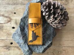 Hummingbird & Honeysuckle Leather Pencil Case - Gift For Her Mustard Yellow Anniversary Birthday Mother's Day