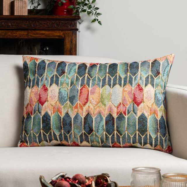 Vintage Venice Stained Glass Style Tapestry Xl Rectangular Cushion. Geometric Renaissance Design With Gold Detailing. 23X15 - image 1