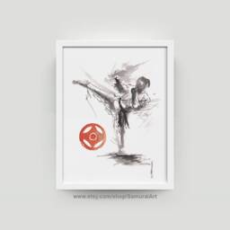 Kyokushin Karate Painting Sumi-E Ink Art, Martial Arts Wall Decor - thumbnail 1