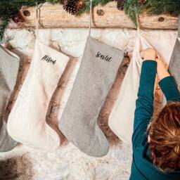 Embroidered Christmas Stockings, Linen Handmade Personalized Farm House Family Gift - thumbnail 3