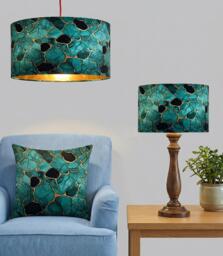 Handmade By Order Luxury Black Gold Teal Marble Rasin Geometric Abstract Art Velvet Drum Lamp Shade Pendant Light All Shapes