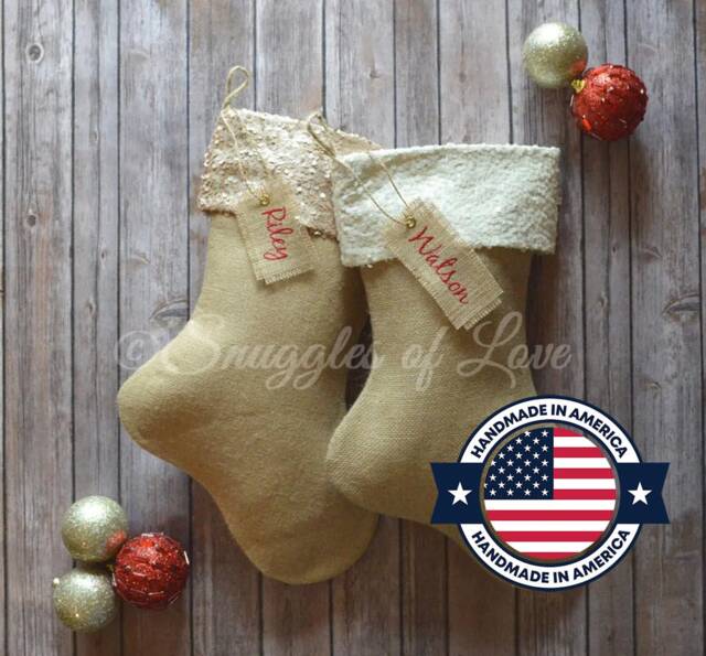Personalized Burlap Sequin Christmas Stocking Handmade Cream & Champagne - image 1
