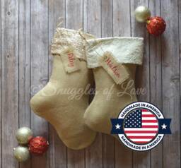 Personalized Burlap Sequin Christmas Stocking Handmade Cream & Champagne