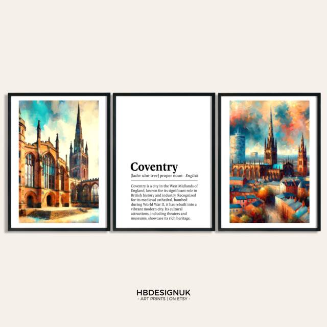 Coventry Poster Prints - Set Of 3 Posters - Watercolour Wall Art Decor Travel England Hanging Artwork Gift UK Painting - image 1
