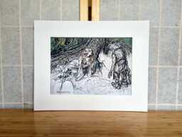 Art Print Illustration, Arthur Rackham Mime Finds Siegfrieds Mother Forest Scene, Wagner Ring Opera Artwork, Archival Matted Reproduction - thumbnail 1