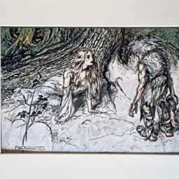 Art Print Illustration, Arthur Rackham Mime Finds Siegfrieds Mother Forest Scene, Wagner Ring Opera Artwork, Archival Matted Reproduction - thumbnail 2