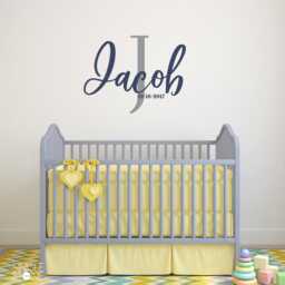 Nursery Monogram With Name & Date - Vinyl Text Wall Art Custom Home Decor - thumbnail 1