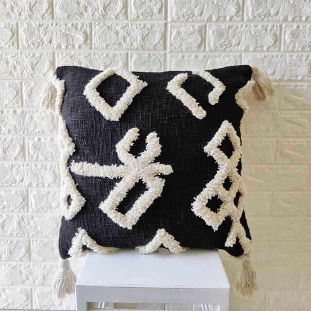 Black Embroidered Tufted Textured 100% Raw Cotton Hand Dyed 18x18 , 20x20 22x22 24x24 Inches Decorative Boho Throw Pillow Cover - image 1