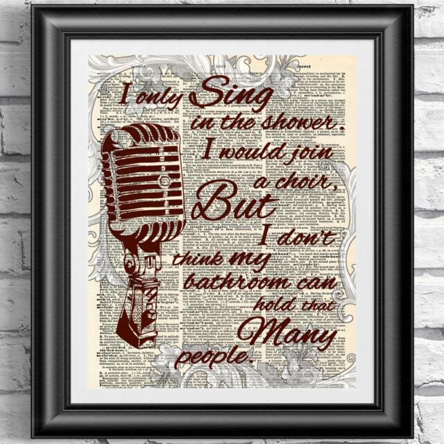 Original Art Print On Antique Dictionary Book Page. Bathroom Artwork Mixed Media Sing Singer. Quotation & Micro Printed Vintage Book - image 1