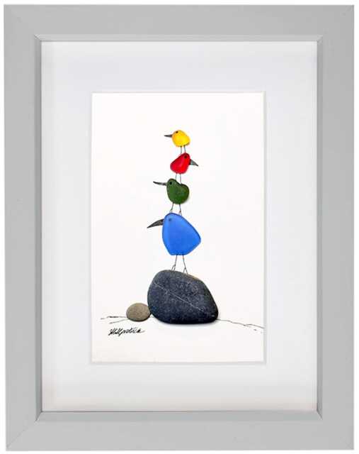 Sea Glass Picture - Framed Handmade Art Bird Wall Decor - image 1
