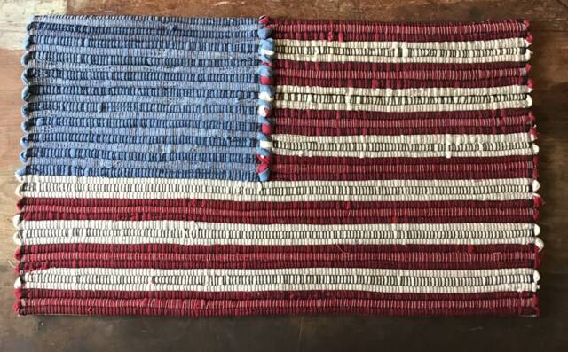 American Flag Rag Rug Wall Hanging Recycled Jeans Folk Art - 14 X 25 - image 1