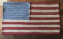 American Flag Rag Rug Wall Hanging Recycled Jeans Folk Art - 14 X 25 - thumbnail 1