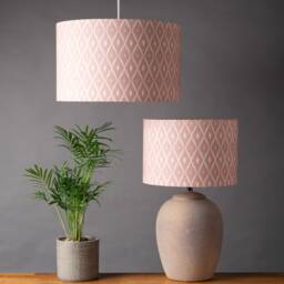 Tresco Linen-Blend Lampshade. Dusky Pink & White Geometric Trellis Design, Cylinder Style Shade. 30cm & 40cm Sizes Available - thumbnail 1