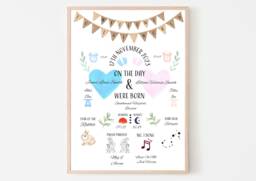 Personalised Welcome To The World Gift For Twins, Birth Stats, New Baby, Gift, Nursery Wall Art, Decor, 1St Birthday - thumbnail 1