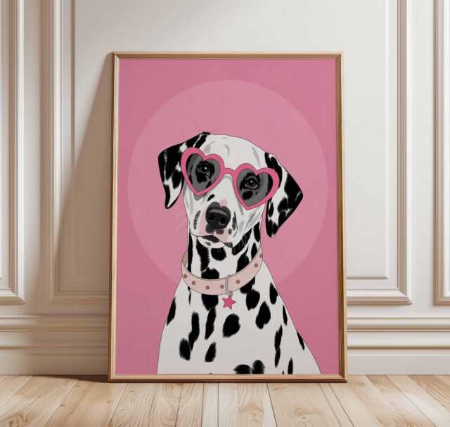 Dalmatian Dog Poster, Pink Wall Art Print, Pop Illustration, Cute Room Decor, Heart Glasses Art, Girl Bedroom Poster - image 1