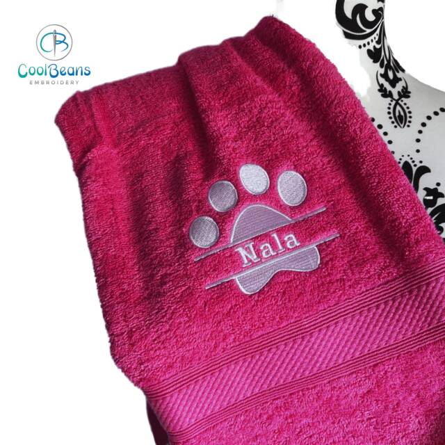 Dog Towel - Personalised Face Cloth/Hand Bath Embroidered Paw & Text - image 1