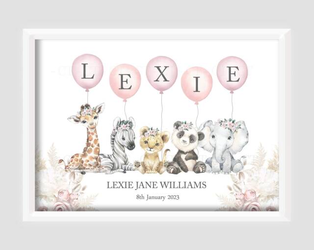 Personalised Boho Safari Animal Zoo Jungle Balloon Girls Print Unframed Birth Gift New Baby Lion Elephant Giraffe Zebra Floral