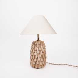 Handmade Satin Cream Stoneware Table Lamp Drip Texture, Linen Shade - thumbnail 2