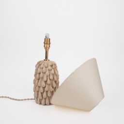 Handmade Satin Cream Stoneware Table Lamp Drip Texture, Linen Shade - thumbnail 4
