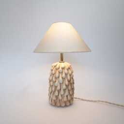 Handmade Satin Cream Stoneware Table Lamp Drip Texture, Linen Shade - thumbnail 3