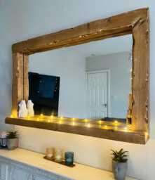 Rustic Wood Shelf Mirror - Handmade Farmhouse Wall Decor - thumbnail 1