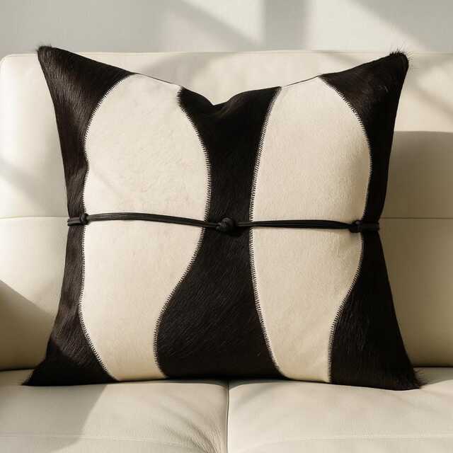 Black & White 45x45 Cowhide Pillow Leather Knot Detail Cushion Cover Modern Western Decor Handmade Hairon Patchwork Accent - image 1