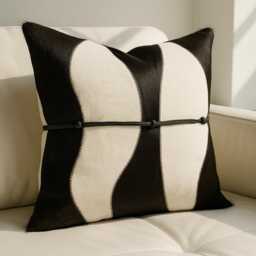 Black & White 45x45 Cowhide Pillow Leather Knot Detail Cushion Cover Modern Western Decor Handmade Hairon Patchwork Accent - thumbnail 2