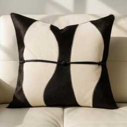 Black & White 45x45 Cowhide Pillow Leather Knot Detail Cushion Cover Modern Western Decor Handmade Hairon Patchwork Accent