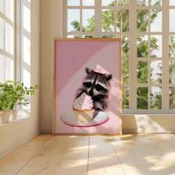 Cute Raccoon Cupcake Poster, Funny Animal Wall Art, Pink Dessert Print, Whimsical Nursery Decor, Playful Kitchen Illustration - thumbnail 3