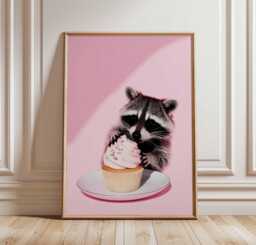 Cute Raccoon Cupcake Poster, Funny Animal Wall Art, Pink Dessert Print, Whimsical Nursery Decor, Playful Kitchen Illustration - thumbnail 1