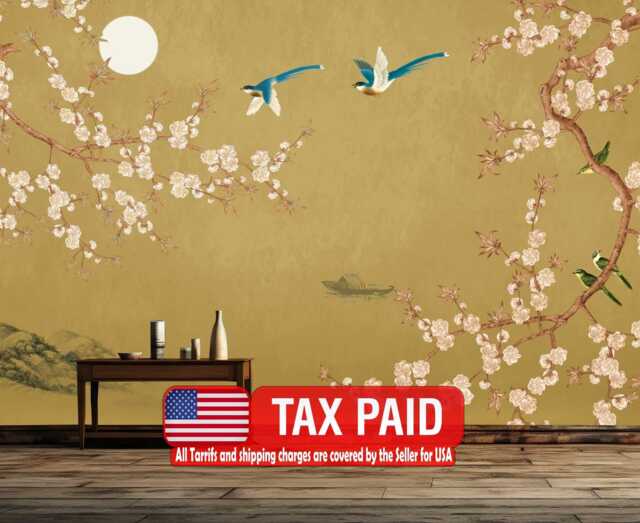 Chinoiserie Wallpaper Birds & Blossoms Mural, Peel Stick Decal - image 1