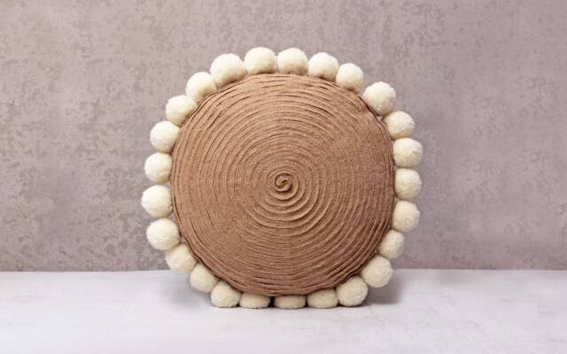 Jute & Wool Pompom Round Bohemian, Bali Style Pillow Cover, Decorative Handmade Throw Cover, Embroidered Cover Wlcc052 - image 1