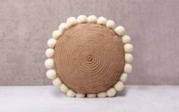 Jute & Wool Pompom Round Bohemian, Bali Style Pillow Cover, Decorative Handmade Throw Cover, Embroidered Cover Wlcc052 - thumbnail 1