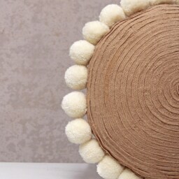 Jute & Wool Pompom Round Bohemian, Bali Style Pillow Cover, Decorative Handmade Throw Cover, Embroidered Cover Wlcc052 - thumbnail 2