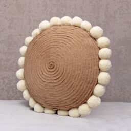 Jute & Wool Pompom Round Bohemian, Bali Style Pillow Cover, Decorative Handmade Throw Cover, Embroidered Cover Wlcc052 - thumbnail 3