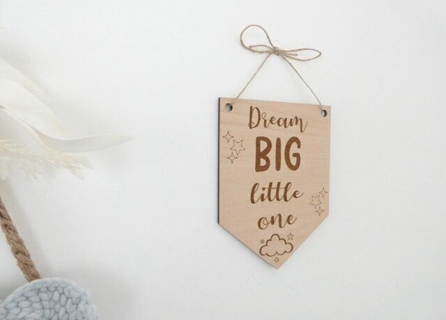 Dream Big Little One Bunting - Wooden Acrylic Nursery Playroom Sign Decor Children's Bedroom Wall Art Boho Scandi Style Clouds Dreams - image 1