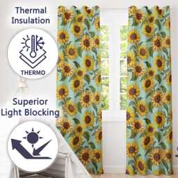 Bright Yellow Sunflower Floral Seamless Pattern Teal Blue Background Readymade Eyelet Ring Top Thermal 100% Blackout Curtains - thumbnail 3