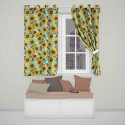 Bright Yellow Sunflower Floral Seamless Pattern Teal Blue Background Readymade Eyelet Ring Top Thermal 100% Blackout Curtains - thumbnail 1