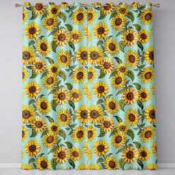 Bright Yellow Sunflower Floral Seamless Pattern Teal Blue Background Readymade Eyelet Ring Top Thermal 100% Blackout Curtains - thumbnail 2