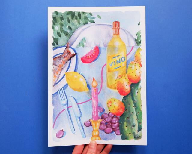 A4 Art Print - Meditteranean Lunch Watercolour & Oil Pastel Drawing Wall Decor, Gallery Wall, Fruit Veg, Dining, Wine, Summer - image 1