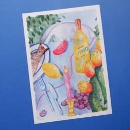 A4 Art Print - Meditteranean Lunch Watercolour & Oil Pastel Drawing Wall Decor, Gallery Wall, Fruit Veg, Dining, Wine, Summer - thumbnail 3