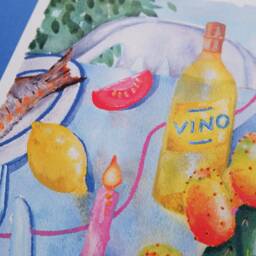A4 Art Print - Meditteranean Lunch Watercolour & Oil Pastel Drawing Wall Decor, Gallery Wall, Fruit Veg, Dining, Wine, Summer - thumbnail 2