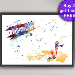 The Little Prince Art, Aviator & Fox Watercolor Print, Plane Wall Art For Kids, Kids Gift Poster, - 56-N??16 - thumbnail 3