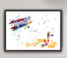 The Little Prince Art, Aviator & Fox Watercolor Print, Plane Wall Art For Kids, Kids Gift Poster, - 56-N??16 - thumbnail 1