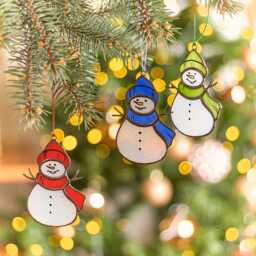 stained Glass Set Of 3 Snowmen Christmas Tree Decorations, Xmas Tree Hanging Ornaments, Holiday Home Decor - thumbnail 1