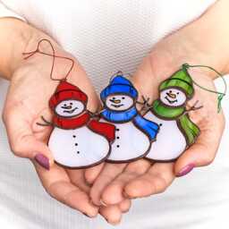 stained Glass Set Of 3 Snowmen Christmas Tree Decorations, Xmas Tree Hanging Ornaments, Holiday Home Decor - thumbnail 2