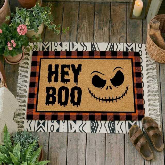 Halloween Hey Boo Doormat, Spooky Pumpkin Face Welcome Mat, Natural Coir Rug - image 1