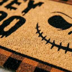 Halloween Hey Boo Doormat, Spooky Pumpkin Face Welcome Mat, Natural Coir Rug - thumbnail 2