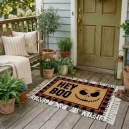 Halloween Hey Boo Doormat, Spooky Pumpkin Face Welcome Mat, Natural Coir Rug - thumbnail 3